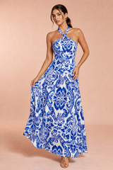 Blue and White Printed Halter-Neck Backless Maxi Dress