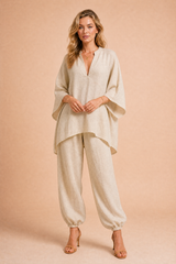Light Blue Linen-Look V-Neck Pants Set
