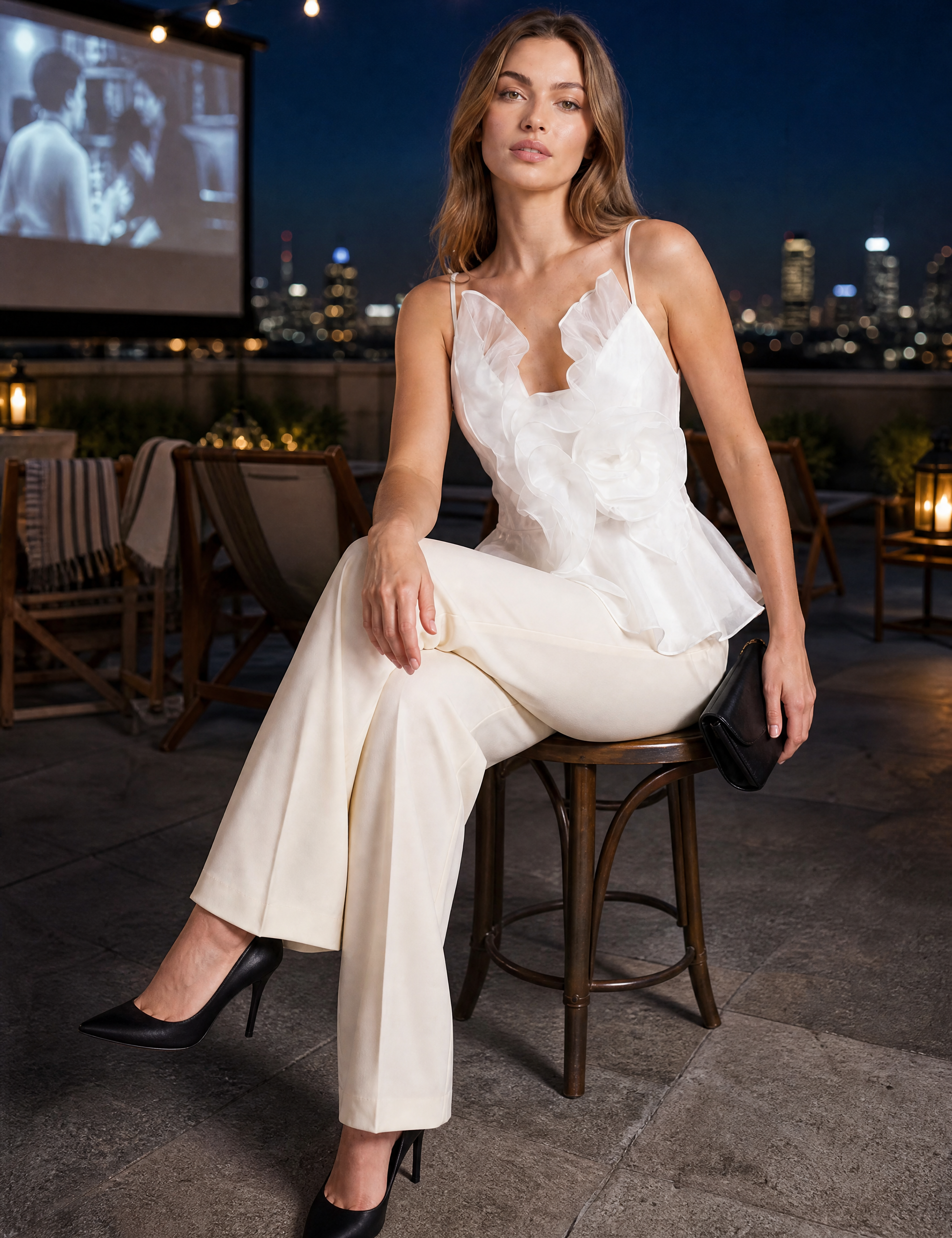 Top à bretelles à volants et fleur | Variante Blanc - Lifestyle | Lounelle Paris