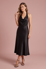 Black Satin Cowl Halter-Neck Tie-Waist Midi Dress