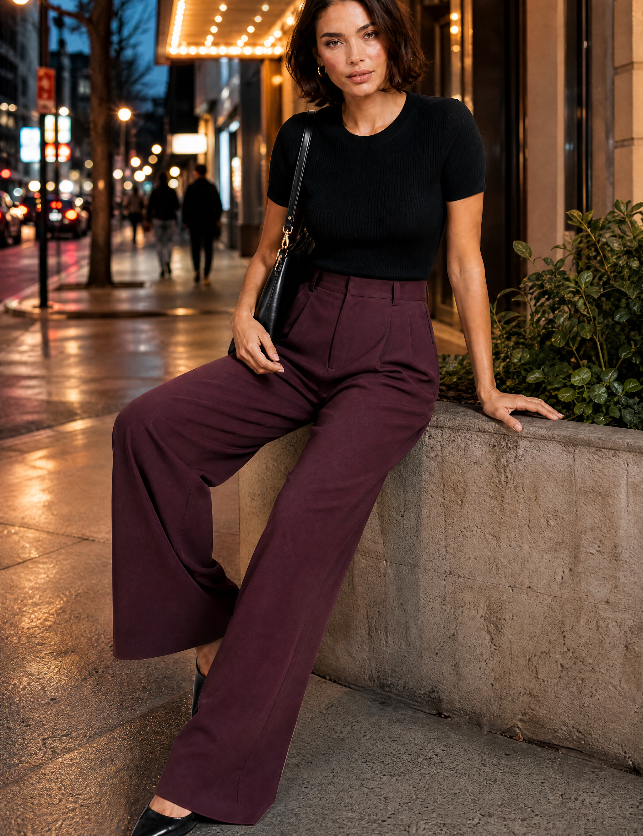 Pantalon taille haute jambes larges | Variante Bordeaux - Lifestyle | Lounelle Paris