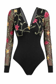 Body noir col V manches brodées | Lounelle Paris