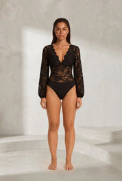 Body noir en dentelle manches longues | Lounelle Paris