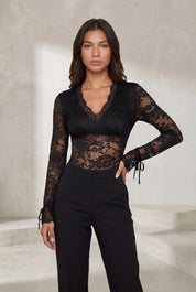 Body noir en dentelle manches longues | Lounelle Paris