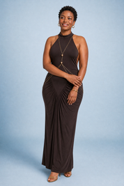 Robe longue marron col licou | Porté sur une autre silhouette | Lounelle Paris