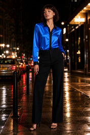 Chemisier satiné à contrastes | Variante Bleu - Lifestyle | Lounelle Paris