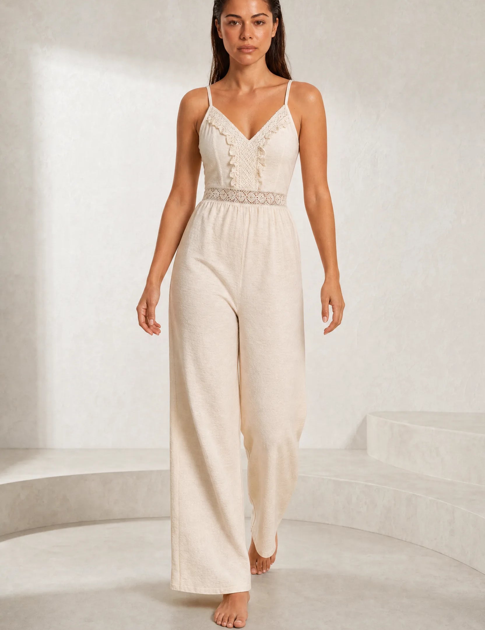 Combinaison abricot col V jambes larges | Lounelle Paris