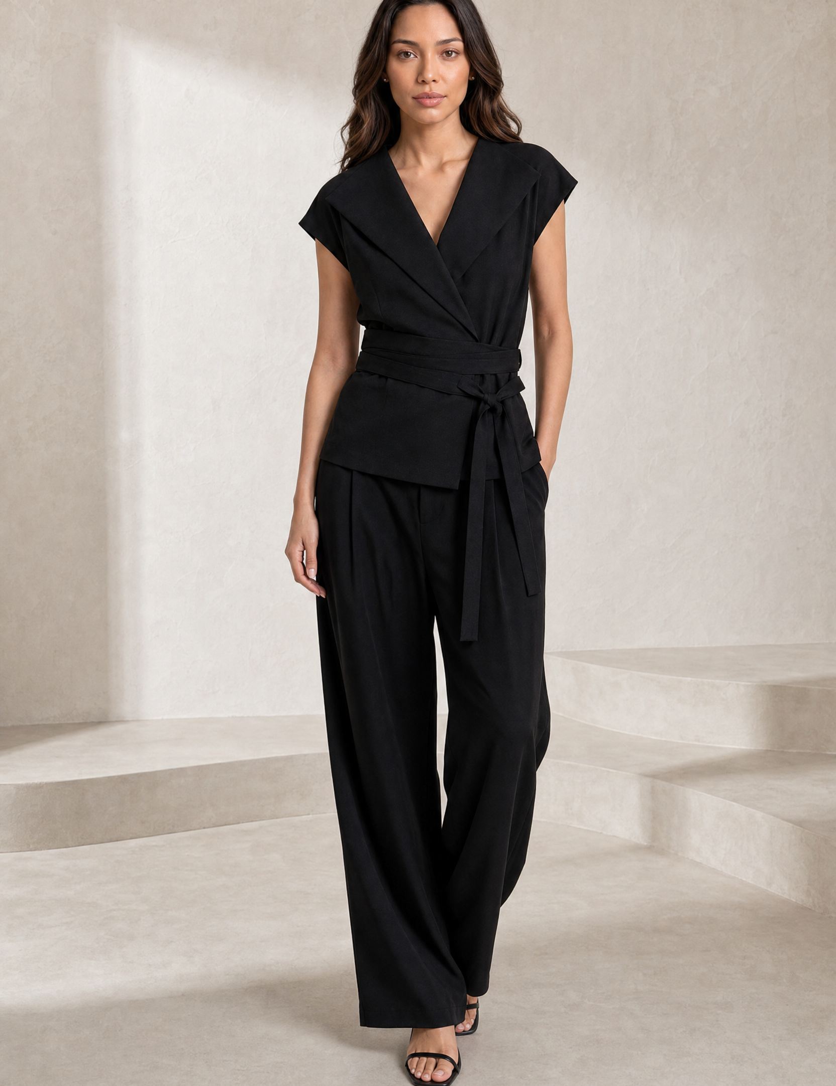 Gilet noir col V ceinturé | Lounelle Paris