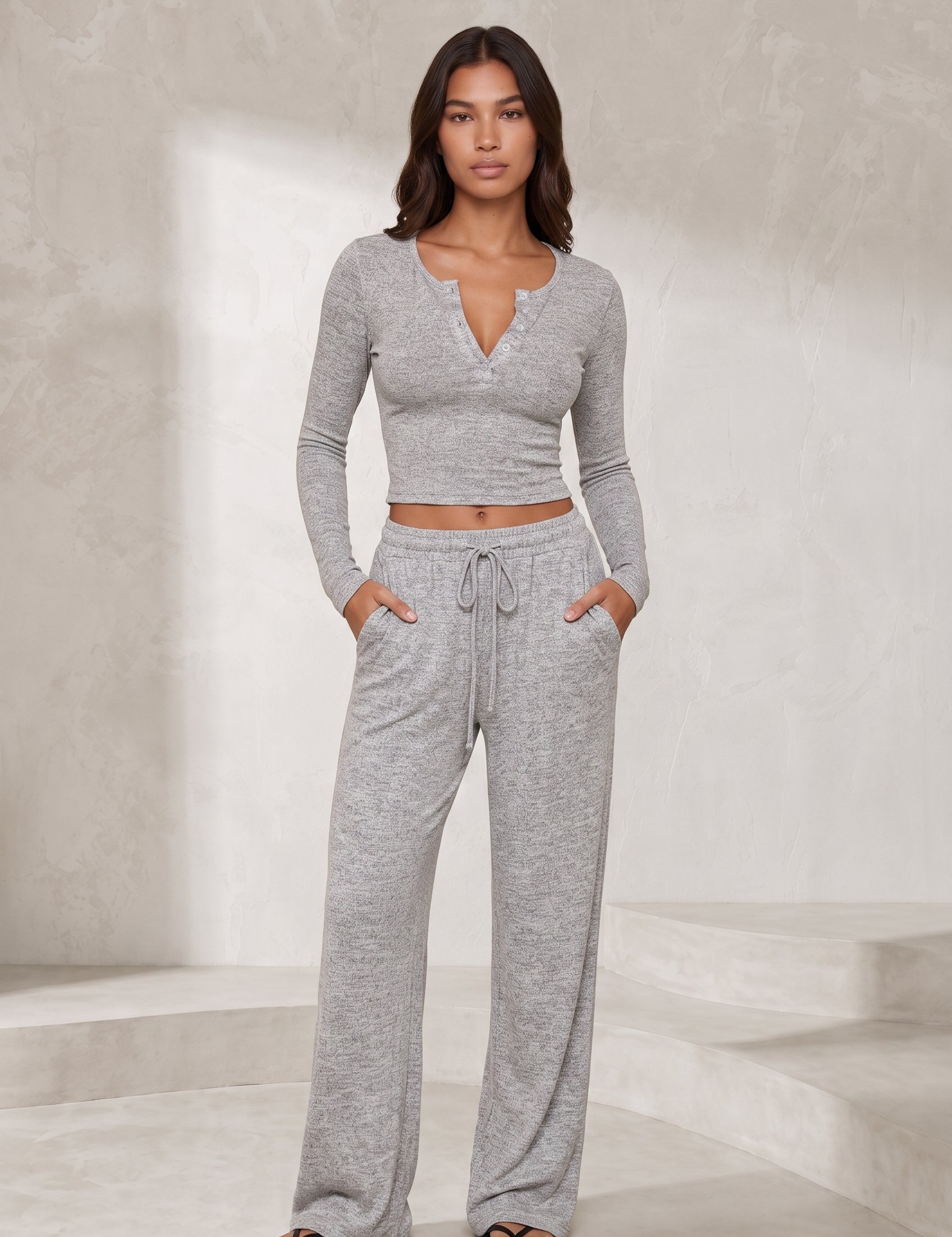 Ensemble pantalon large col V boutonné | Lounelle Paris