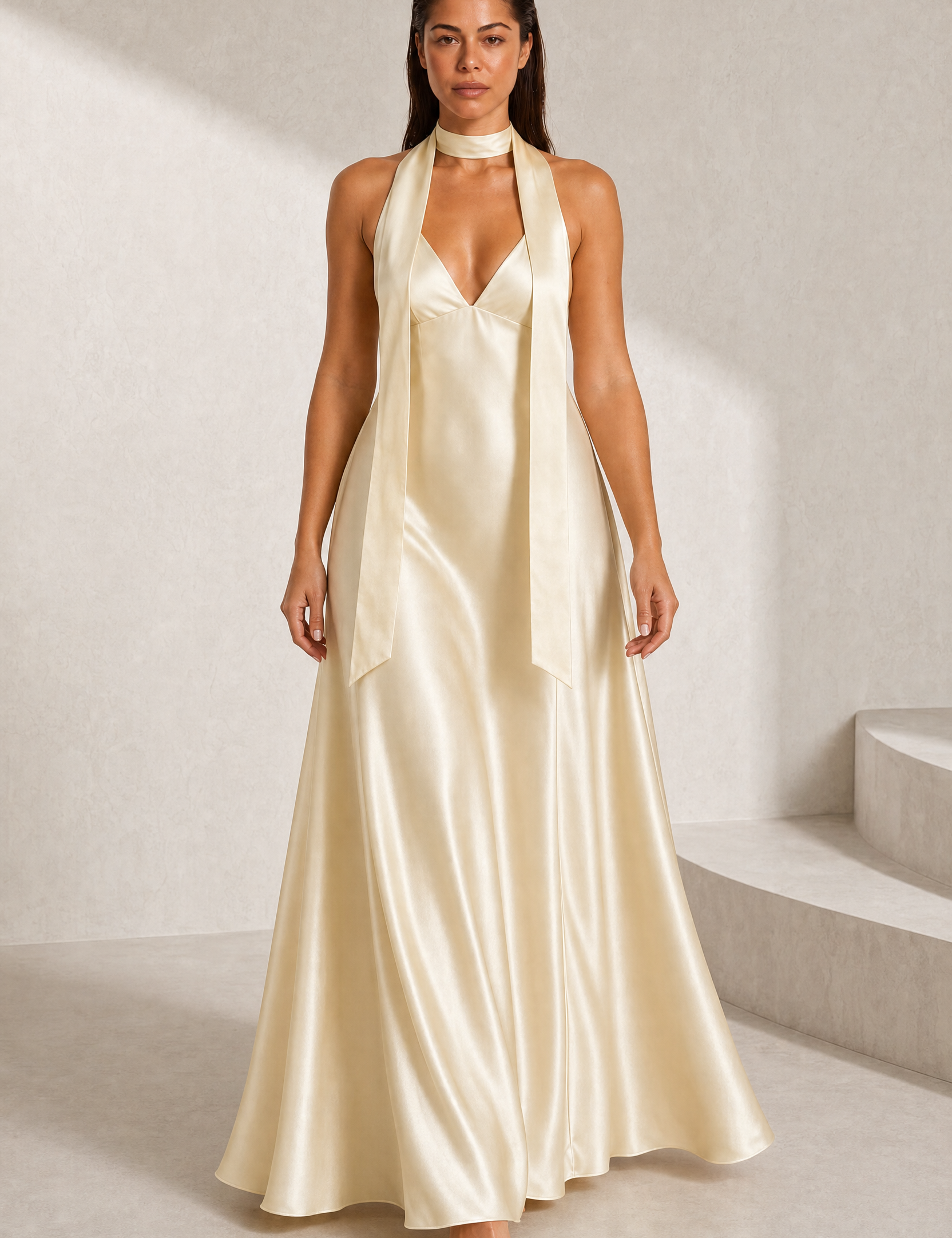 Robe champagne satinée dos nu | Lounelle Paris