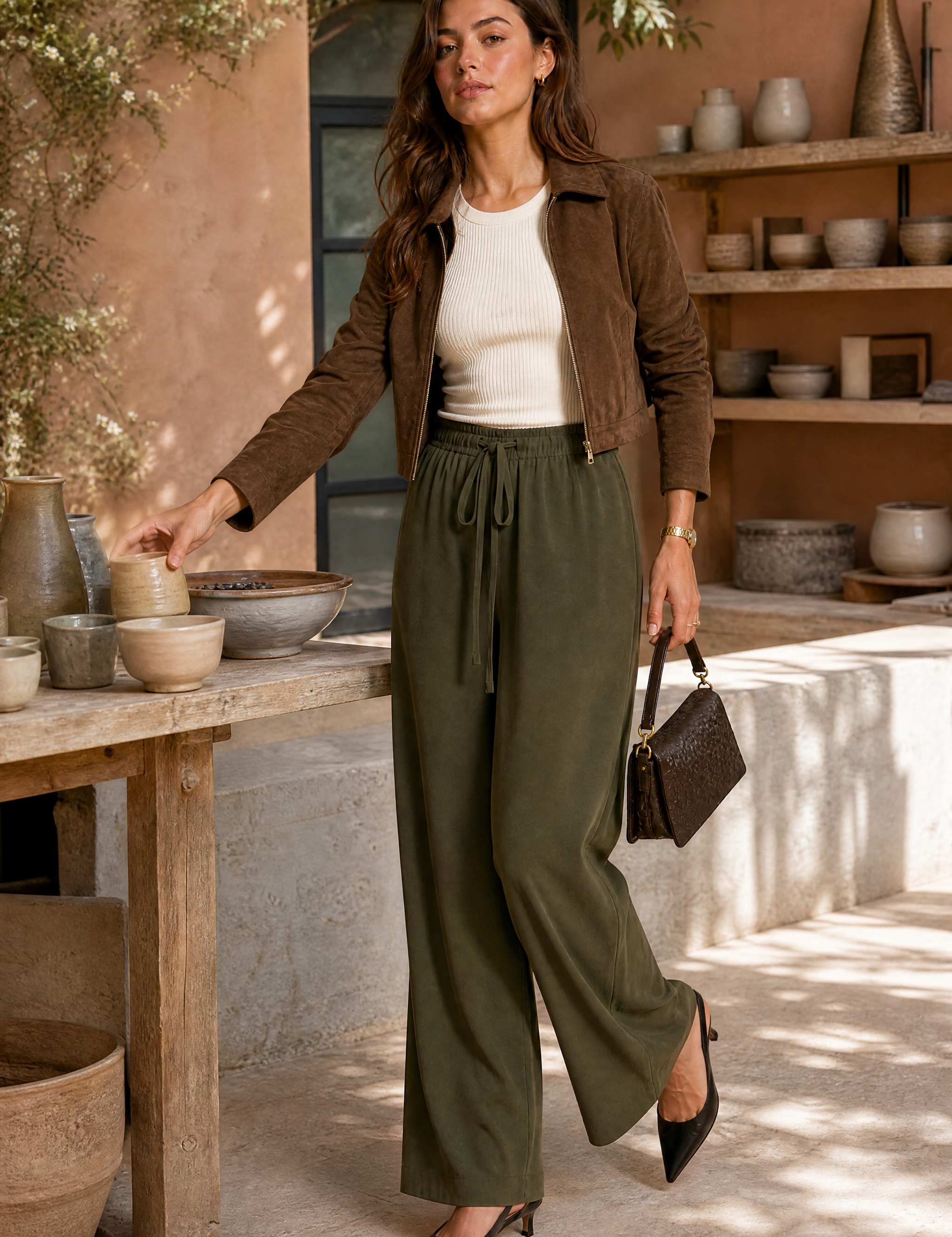 Pantalon fluide large taille cordon | Photo lifestyle | Lounelle Paris