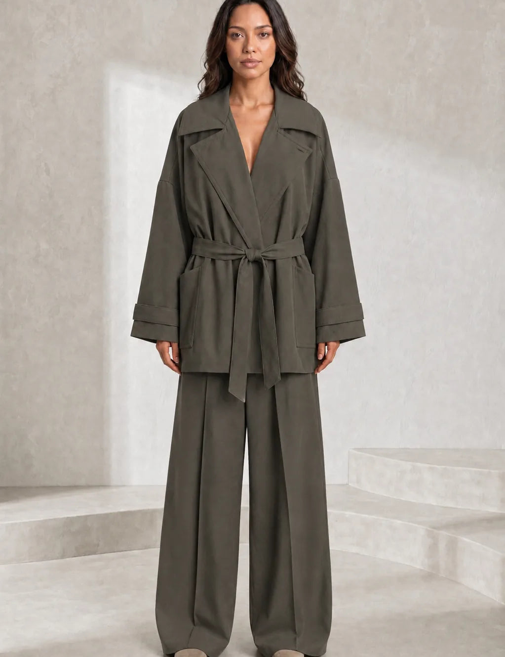 Ensemble gris trench et pantalon large | Lounelle Paris