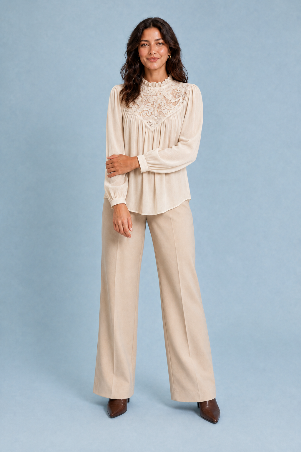 Ruffle-Collar Puff-Sleeve Blouse