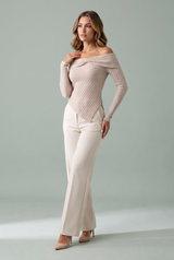 Beige Asymmetric Off-Shoulder Top