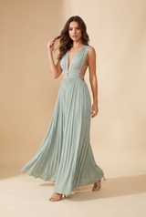 Sage Green Pleated Tie-Waist Maxi Dress