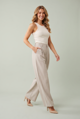 Beige Wide-Leg Pleated Pants