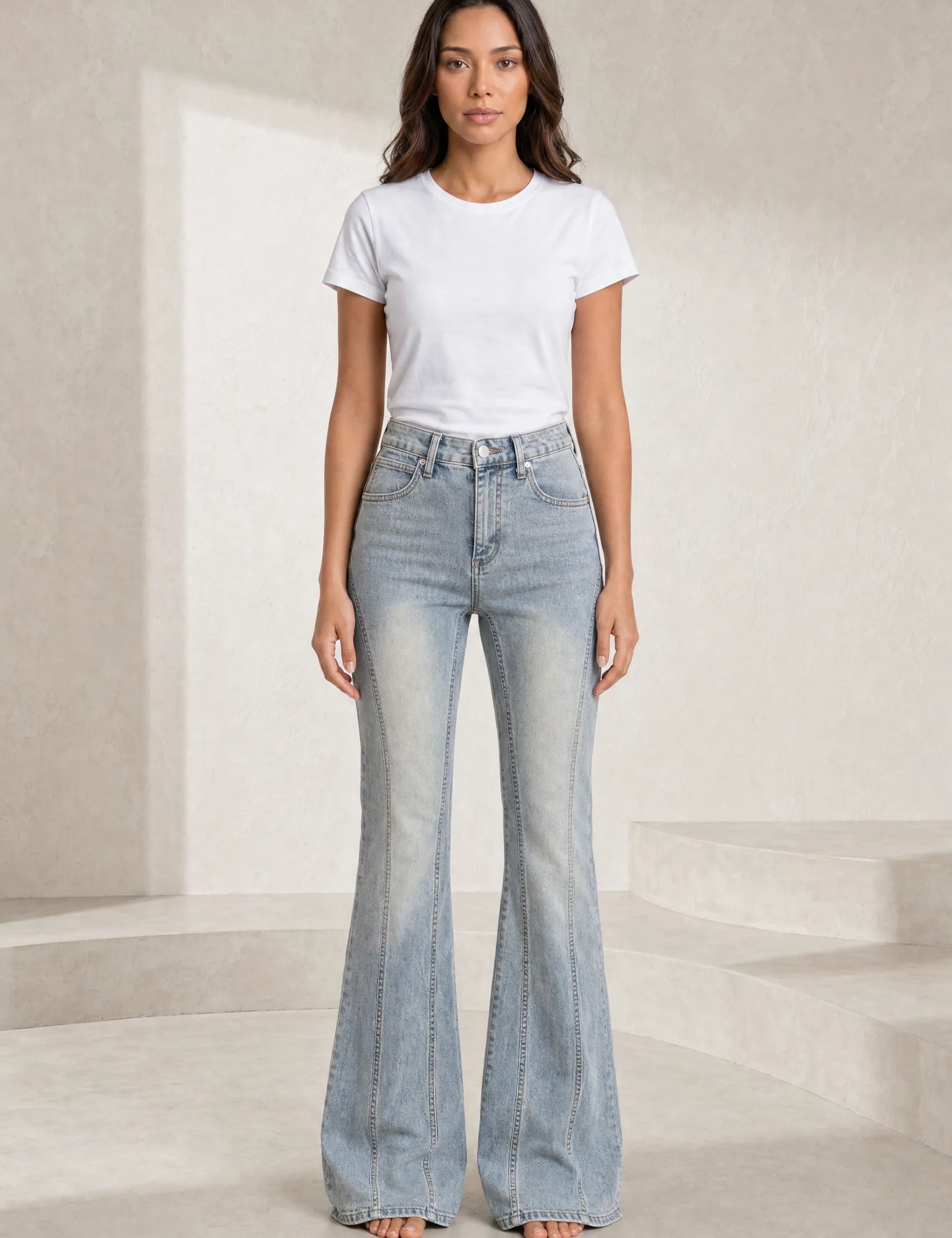 Jean bleu délavé taille haute évasé | Lounelle Paris