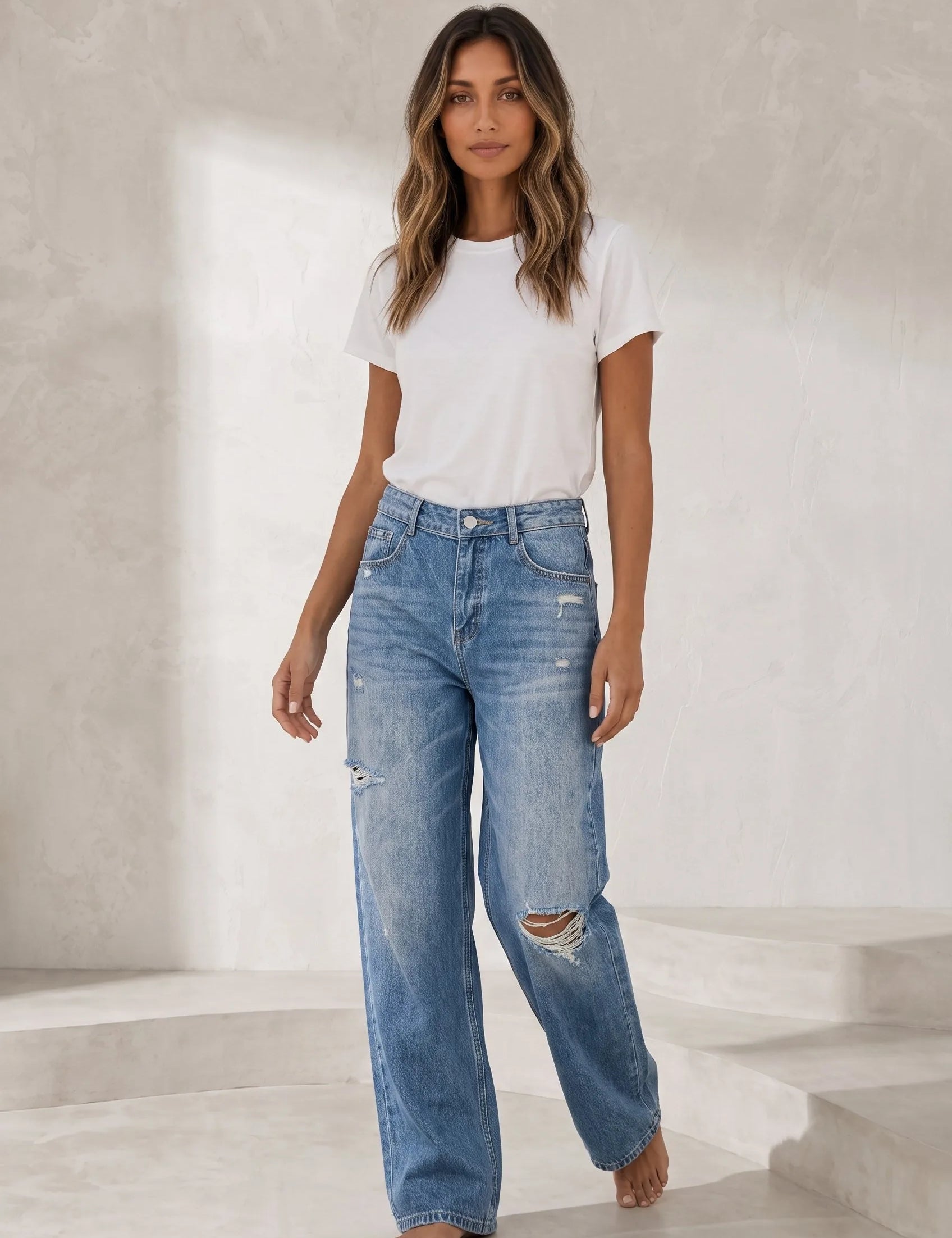 Jean bleu moyen jambe large taille repliée | Lounelle Paris