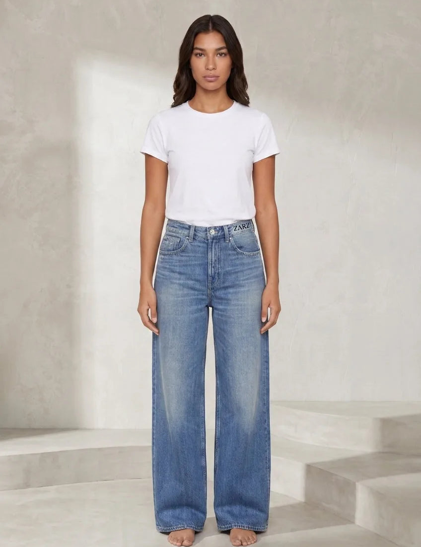 Jean bleu taille haute jambe large | Lounelle Paris