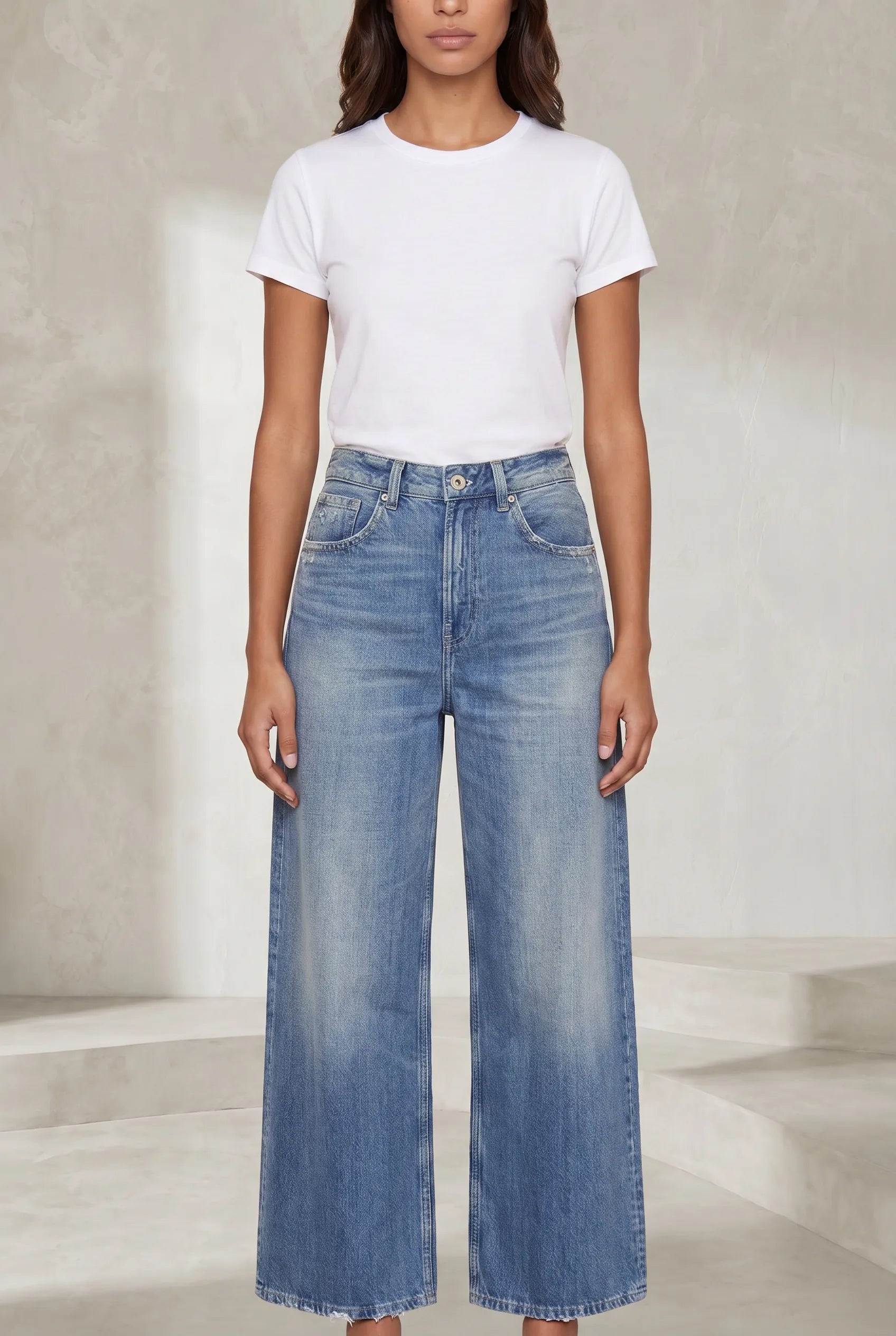 Jean bleu taille haute jambe large | Lounelle Paris