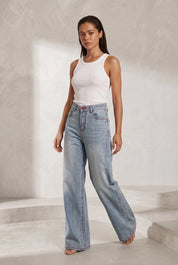 Jean bleu taille haute jambe large | Lounelle Paris