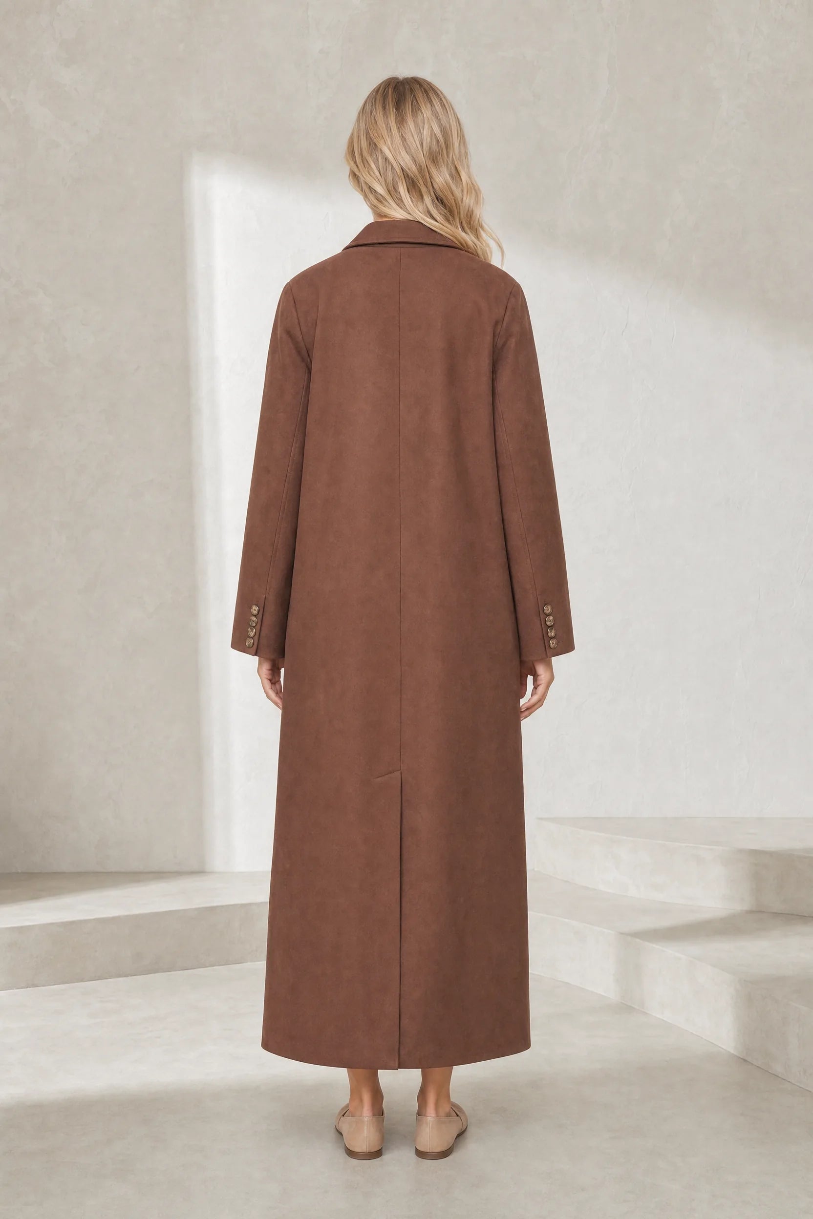 Manteau long marron effet suédine | Lounelle Paris