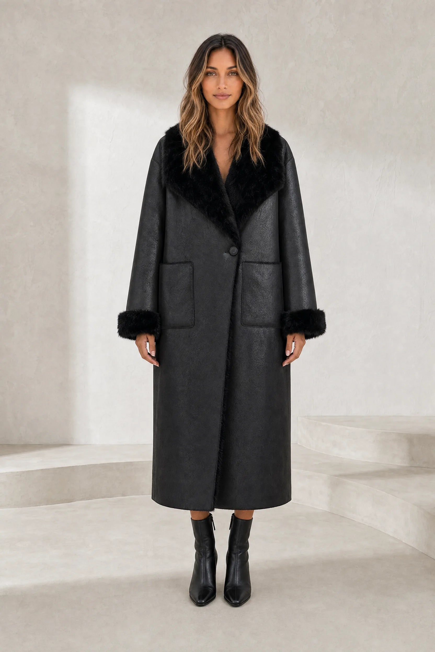 Manteau long réversible col duveteux | Lounelle Paris