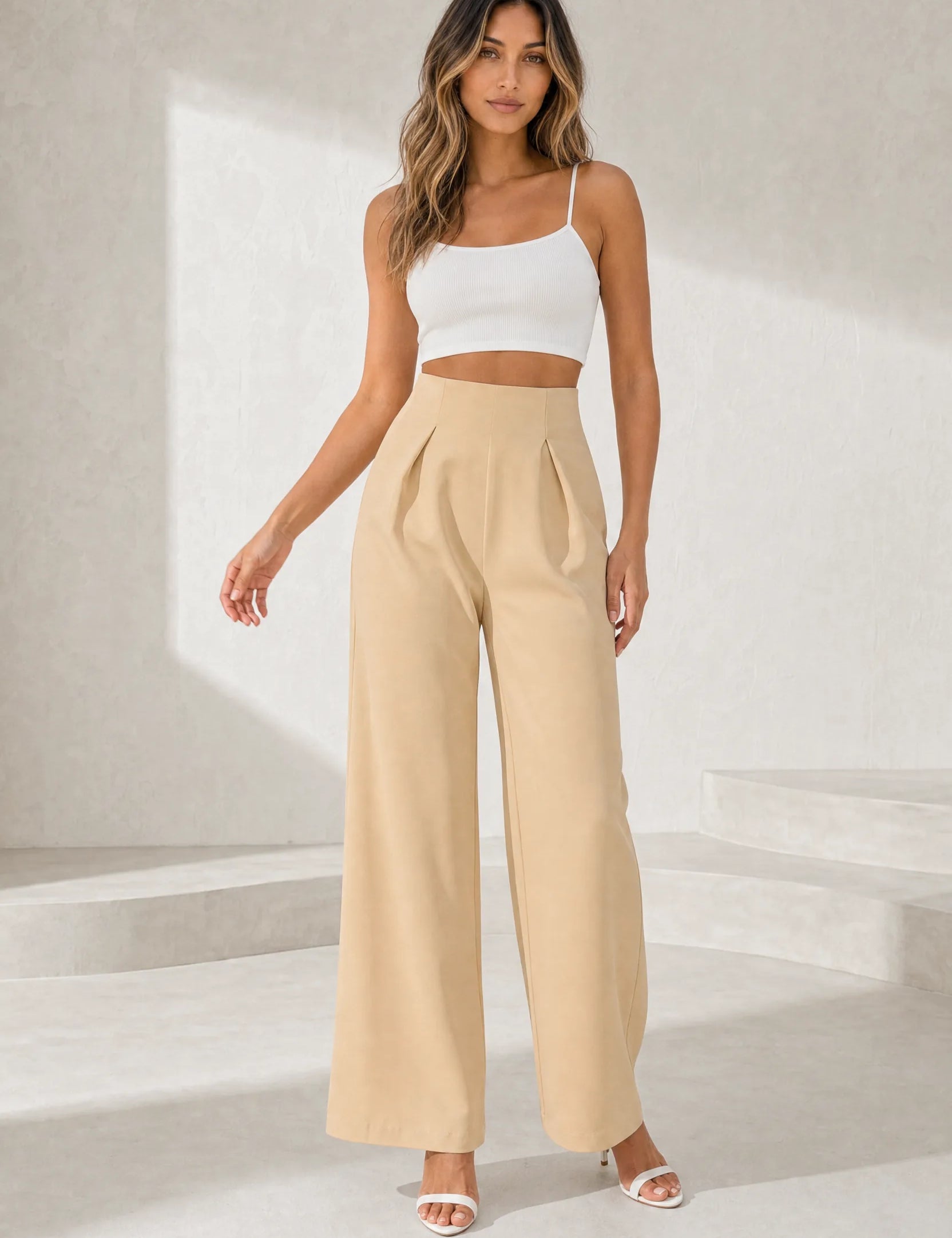 Pantalon beige taille haute jambes larges | Lounelle Paris