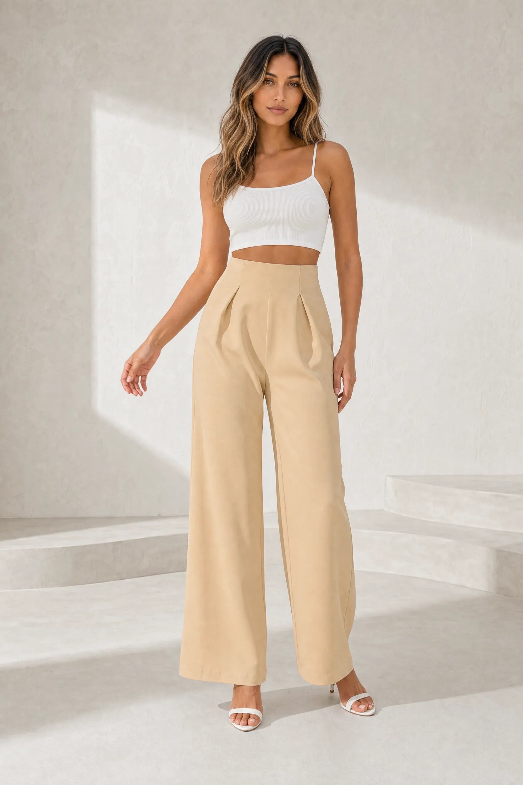 Pantalon beige taille haute jambes larges | Lounelle Paris