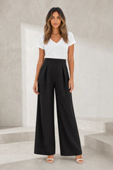 High-waisted wide-leg beige trousers