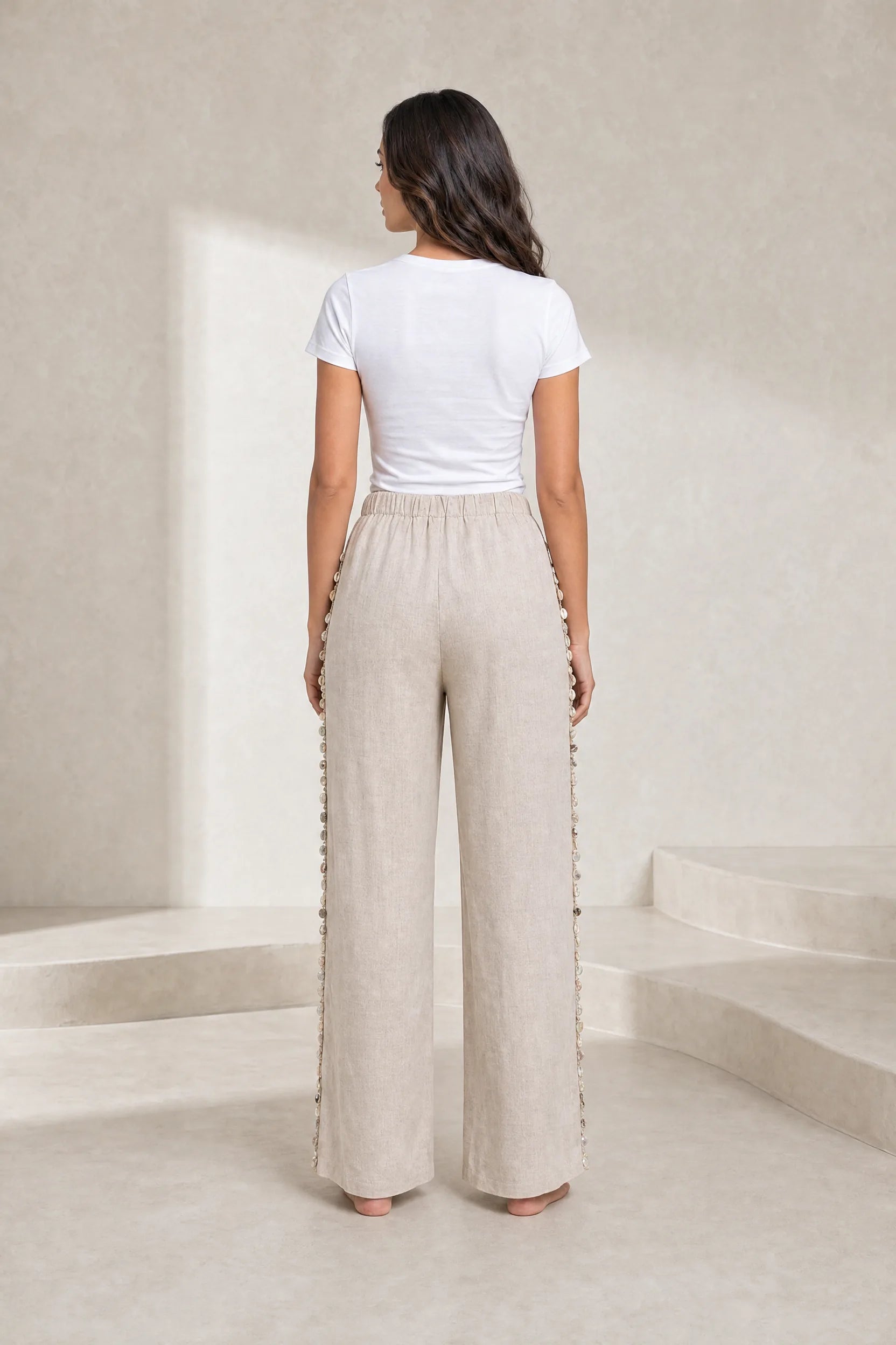 Pantalon large beige à coquillages | Lounelle Paris