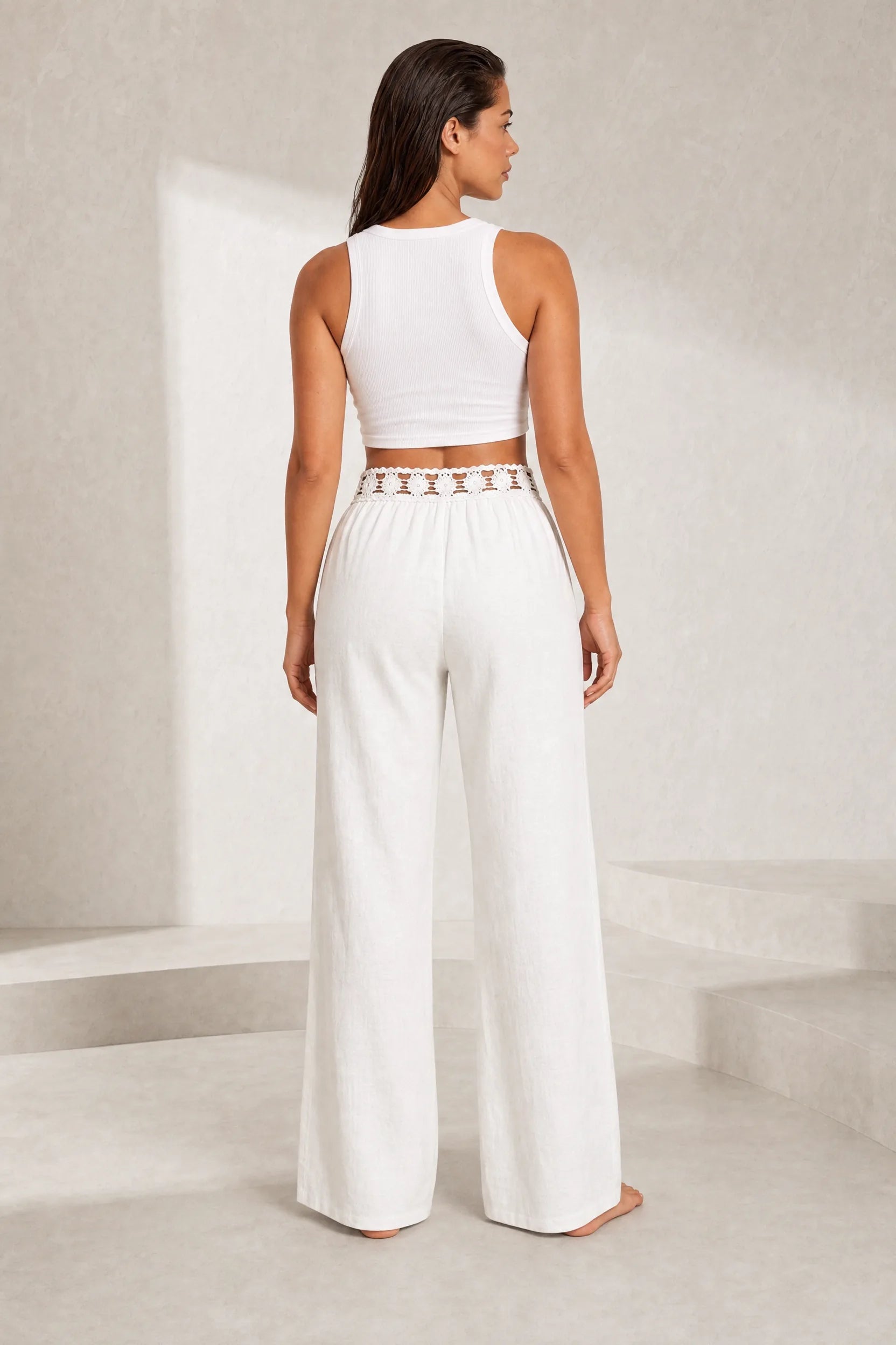 Pantalon large blanc ceinture dentelle | Lounelle Paris