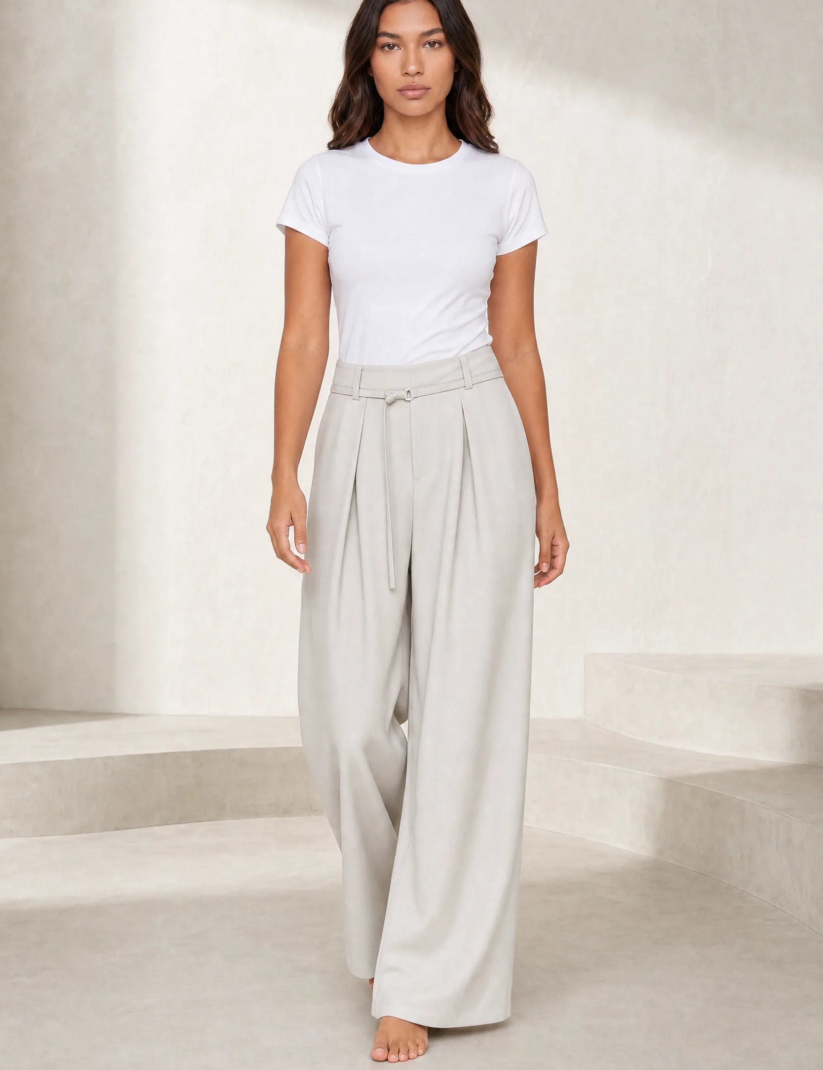 Pantalon large gris clair ceinturé | Lounelle Paris