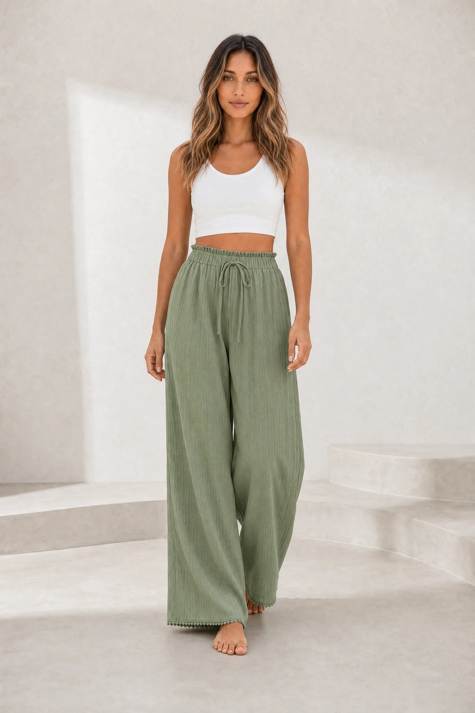 Pantalon large vert taille volantée | Lounelle Paris