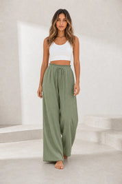Pantalon large vert taille volantée | Lounelle Paris