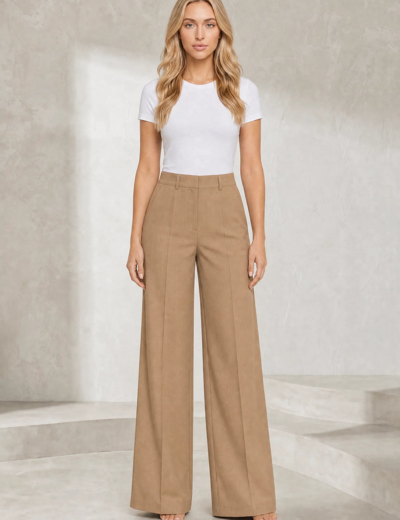 Pantalon tailleur camel coupe large | Lounelle Paris