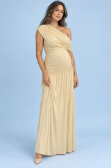 Beige Asymmetric-Neck Maternity Maxi Dress With Drop-Waist