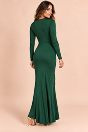 Robe longue verte à manches longues et fente volantée | Vue de dos | Lounelle Paris