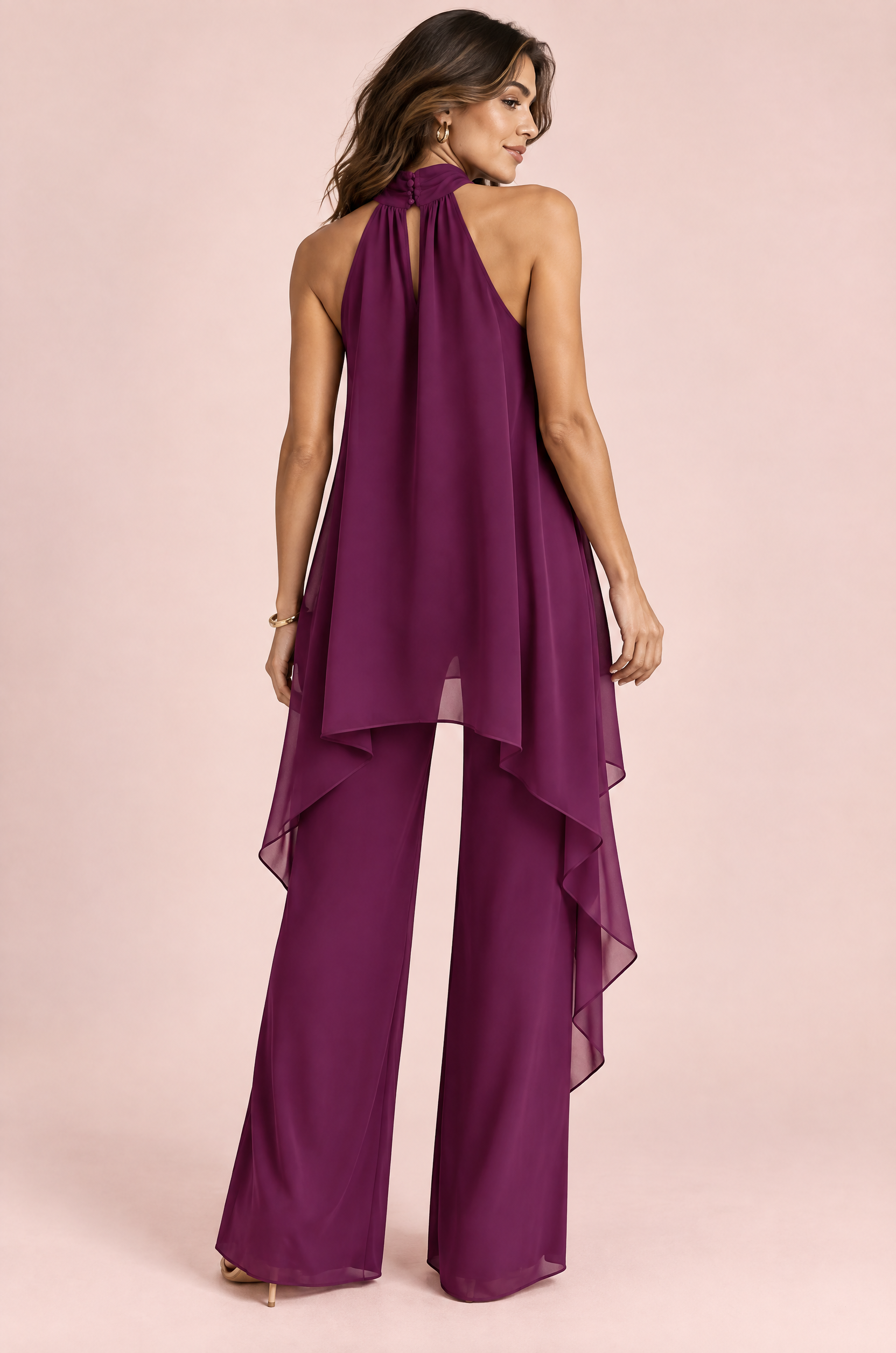 Ensemble pantalon violet en mousseline à col dos nu | Vue de dos | Lounelle Paris