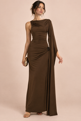 Brown High-Neck Maxi Dress With Draped-Detailing And Cape-Sleeves