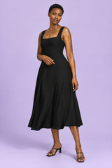 Black A-line midi dress with square neckline and slim straps