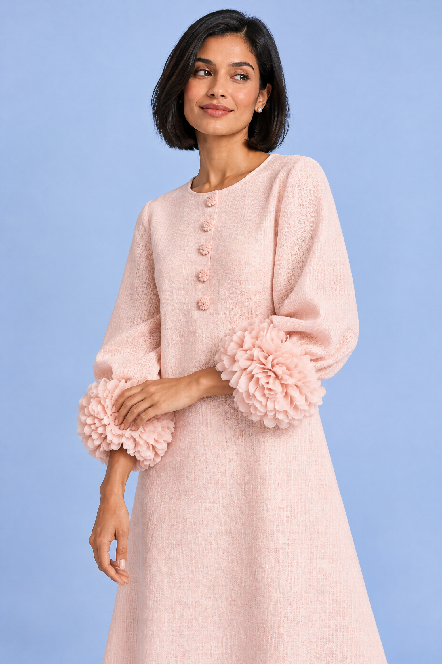 Robe midi rose coupe trapèze à manches bouffantes | Vue rapprochée | Lounelle Paris