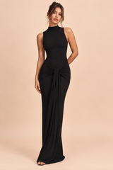 Long Black Fitted Maxi Dress with Round Neck, Ruching and High Slit