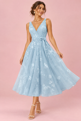 Sky Blue Floral Fit-and-Flare Midi Dress