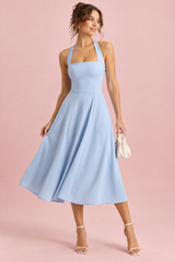 Pale blue skater midi dress with a square neckline