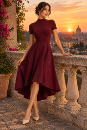 Robe midi asymétrique à col montant rouge foncé | Deuxième photo lifestyle | Lounelle Paris