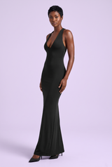 Black Fitted Maxi Dress with Plunging V-Neck, Open Back and Gloves
