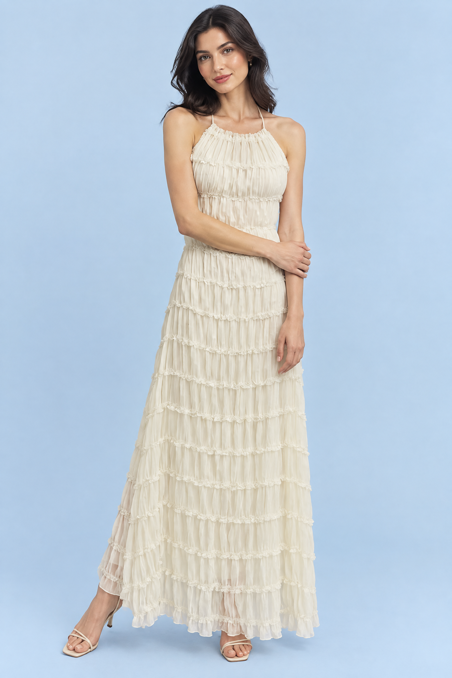 Robe longue plissée écrue | Vue de face | Lounelle Paris