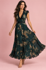 Floral Dark Green V-Neck Ruffle Maxi Dress