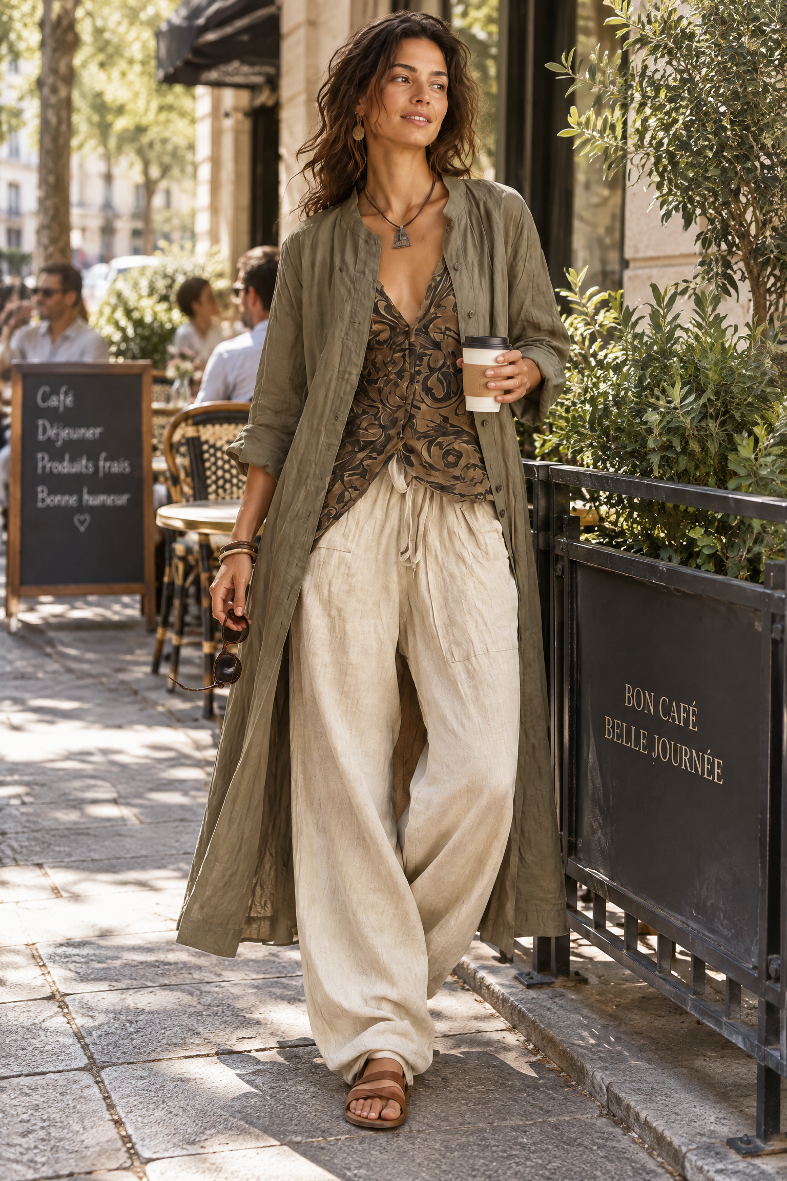 Ensemble olive rayé fluide | Photo lifestyle | Lounelle Paris